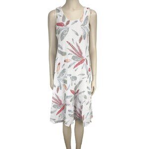 ANGELA MARA Vacation Dress Cotton Viscose‎ Feathers Print White Midi Italy Large